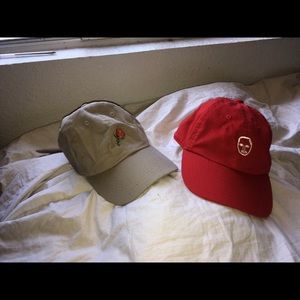 Light brown and red hats